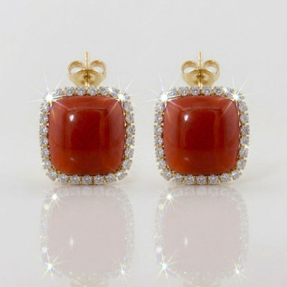 Italian Sensational Red Coral 3.00 Ct Diamond Square Earrings 18 KT