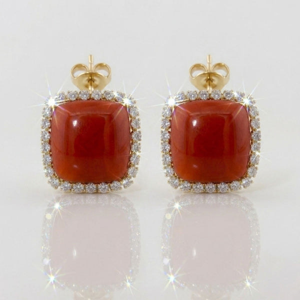 Italian Sensational Red Coral 3.00 Ct Diamond Square Earrings 18 KT