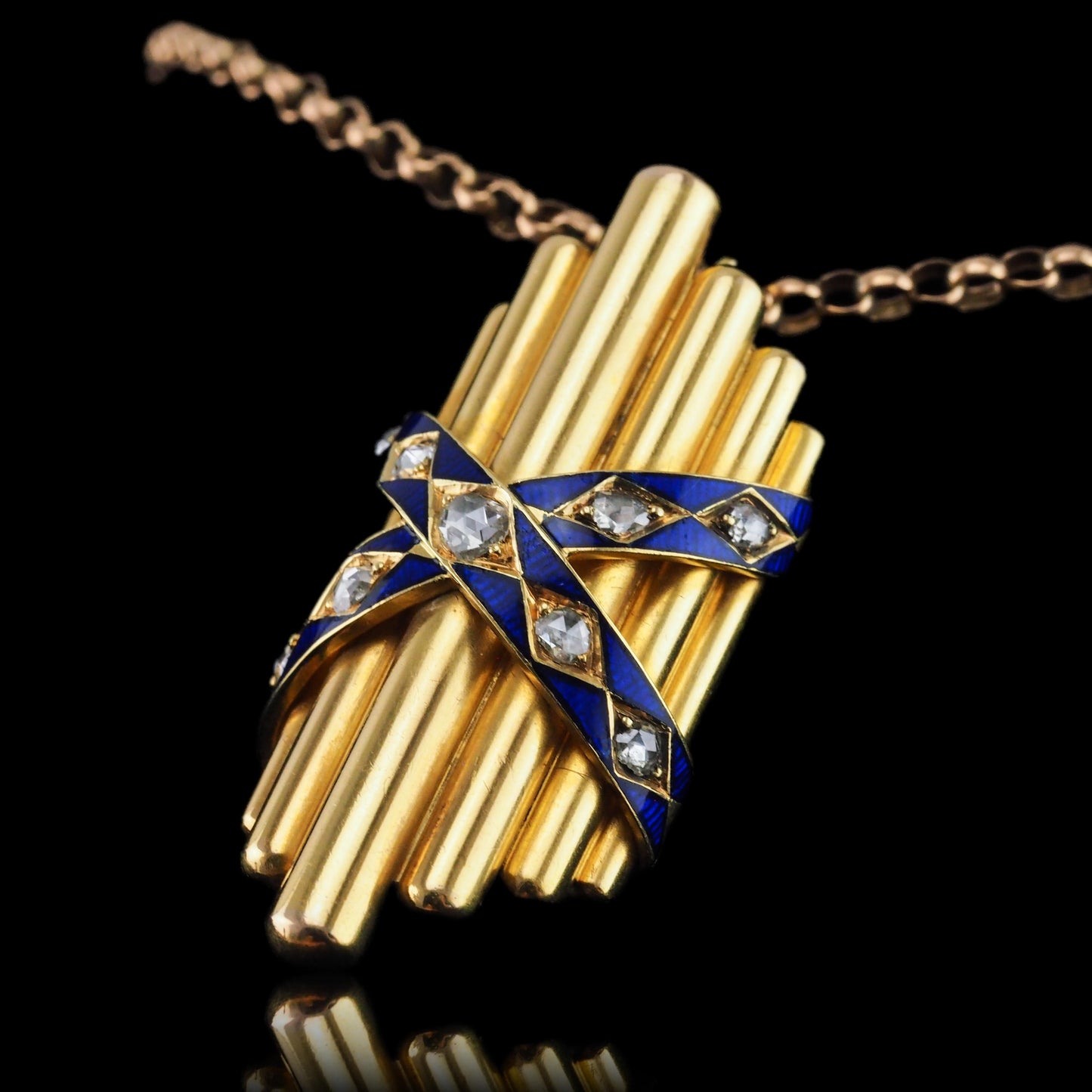 Antique Victorian 18 Carat Gold Rose Cut Diamond And Blue Enamel Pendant - circa 1880