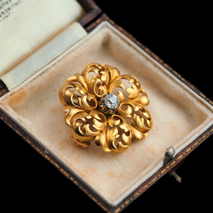 Antique French Diamond Set 18ct Gold Floral Acanthus Pendant Necklace Brooch
