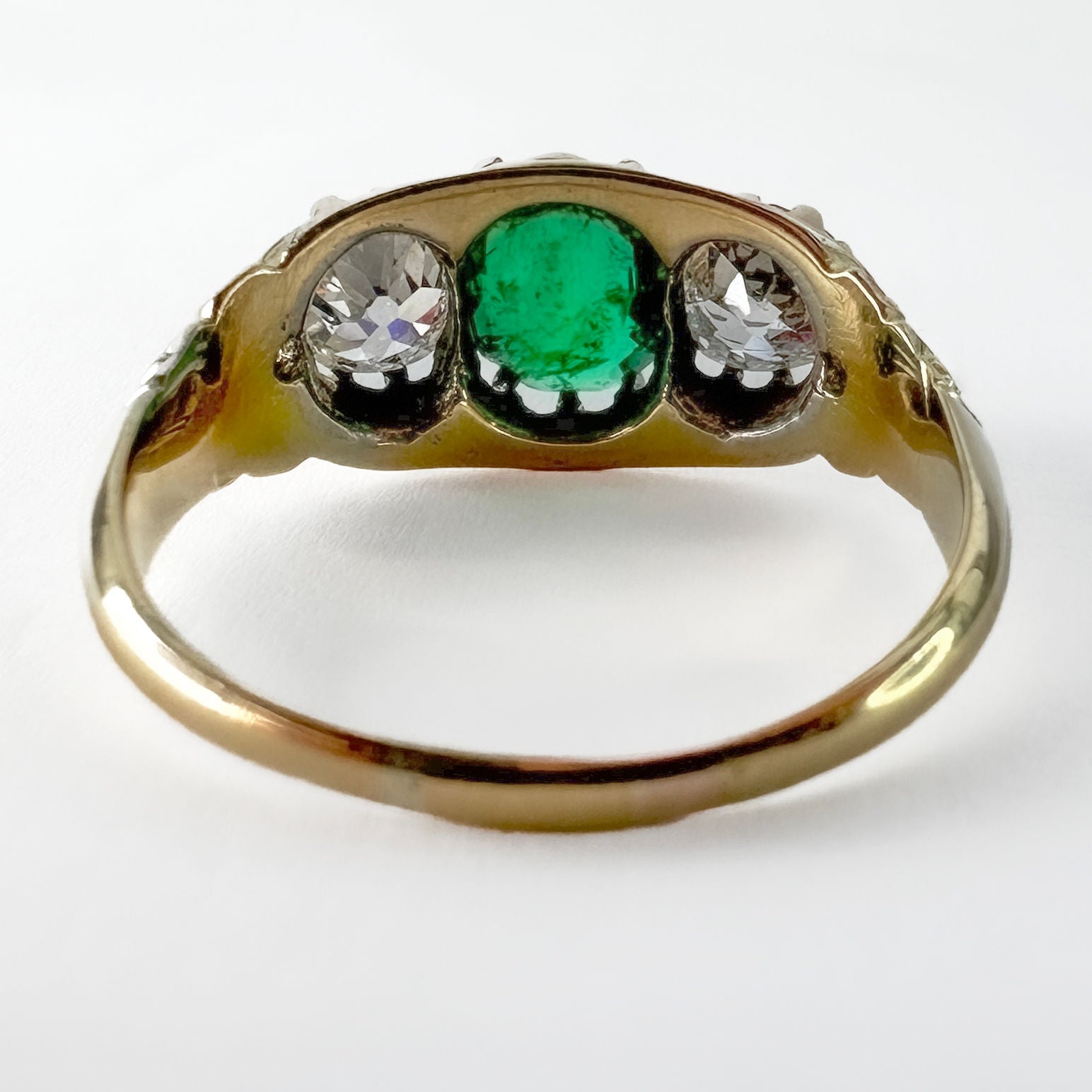 Antique Emerald Diamond 3 Stone Ring In 18 Carat Yellow Gold