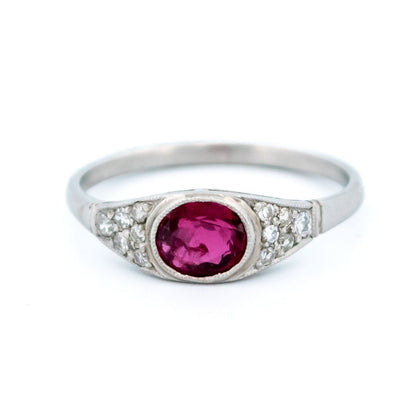 Art Deco Style Platinum, Ruby and Diamond Ring, 0.77 Carat