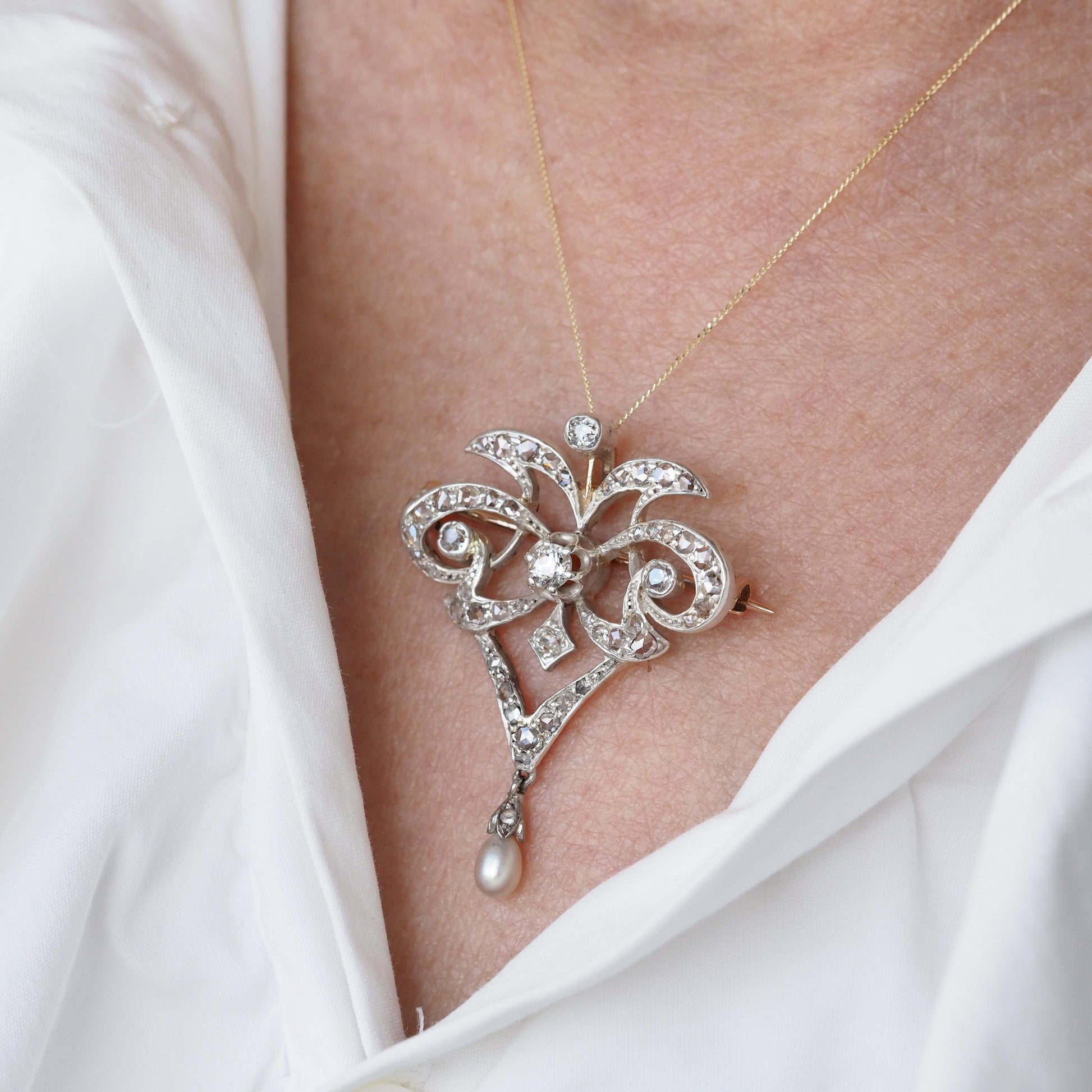 Antique Diamond and Pearl Necklace Lavalier Pendant come Brooch