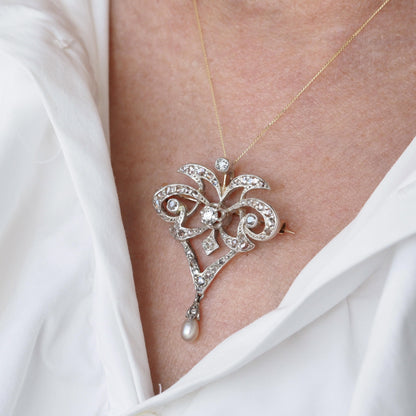 Antique Diamond and Pearl Necklace Lavalier Pendant come Brooch