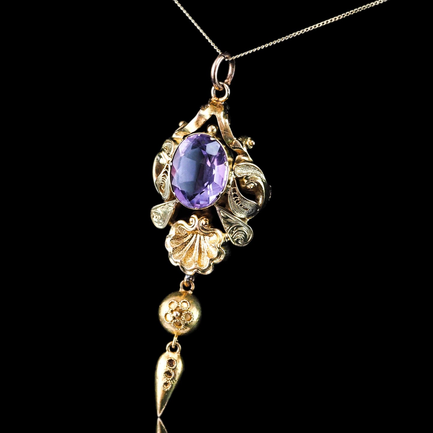 Antique Victorian Amethyst Pendant Necklace 14K Gold - 19th c.