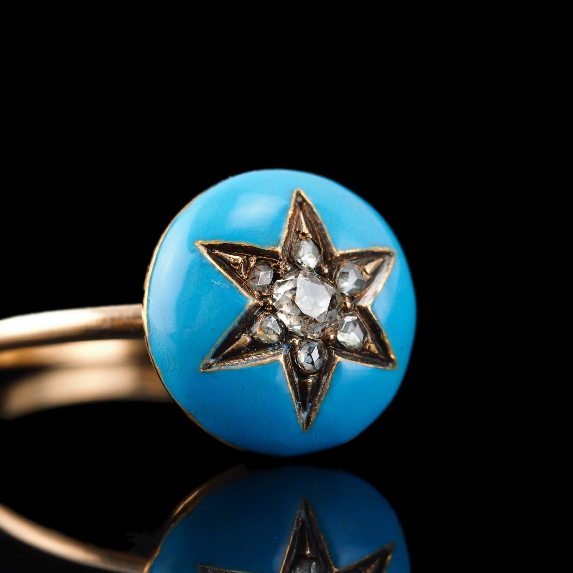 Antique Victorian Diamond Star Ring 9ct Gold Blue Enamel Cabochon - c.1890