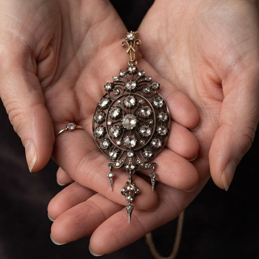 Victorian Antique 8cts Rose Cut Diamond Brooch Pendant