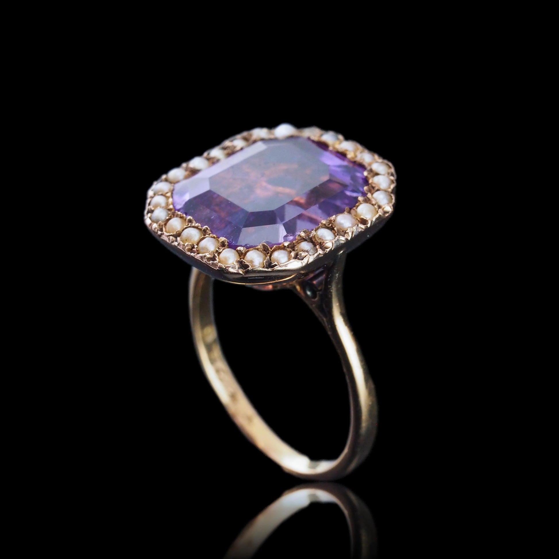 Antique Edwardian 18K Gold Amethyst & Pearl Ring Emerald Cut - c.1900