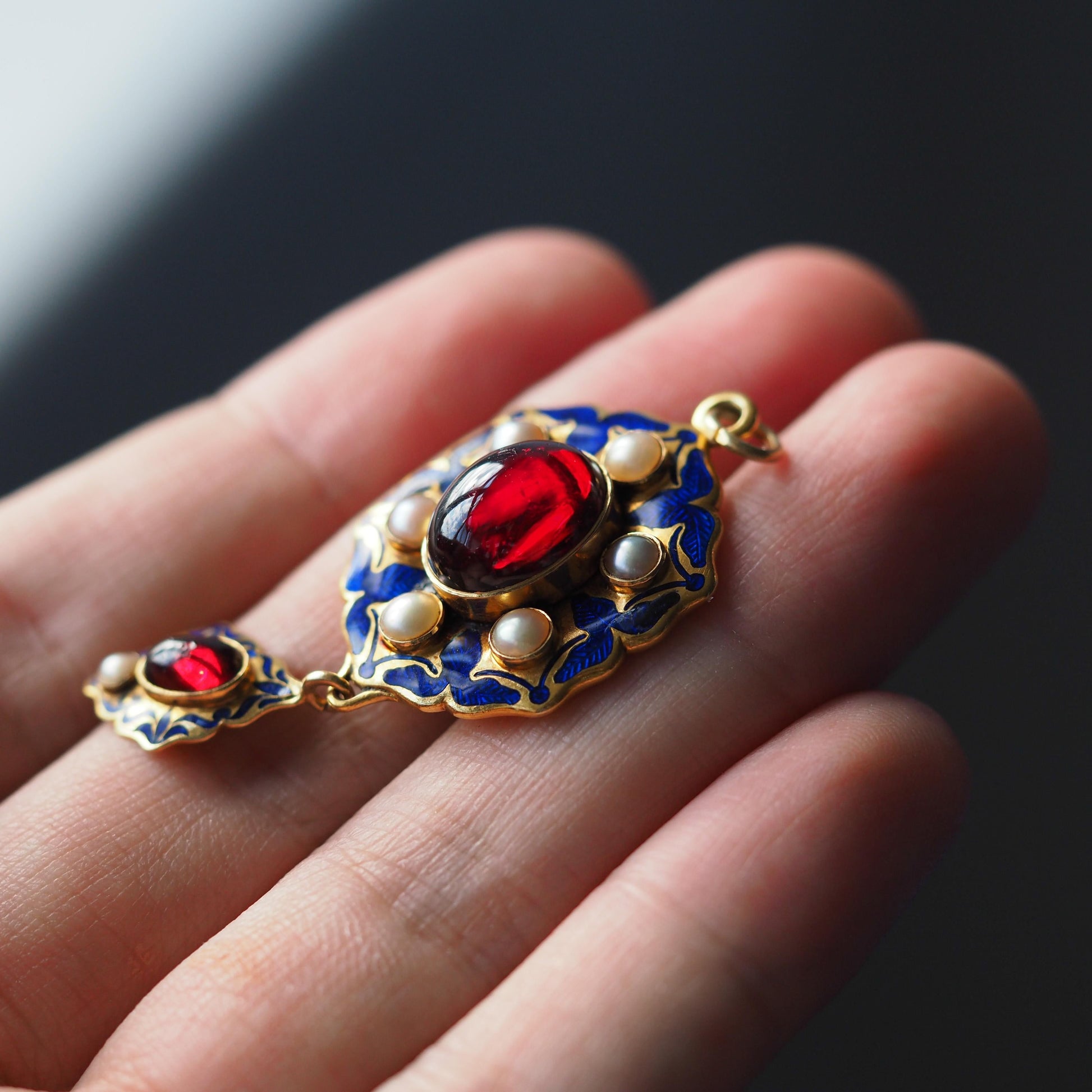Victorian Antique Garnet Pearl Blue Enamel Holbeinesque Pendant Necklace