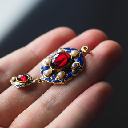 Victorian Antique Garnet Pearl Blue Enamel Holbeinesque Pendant Necklace