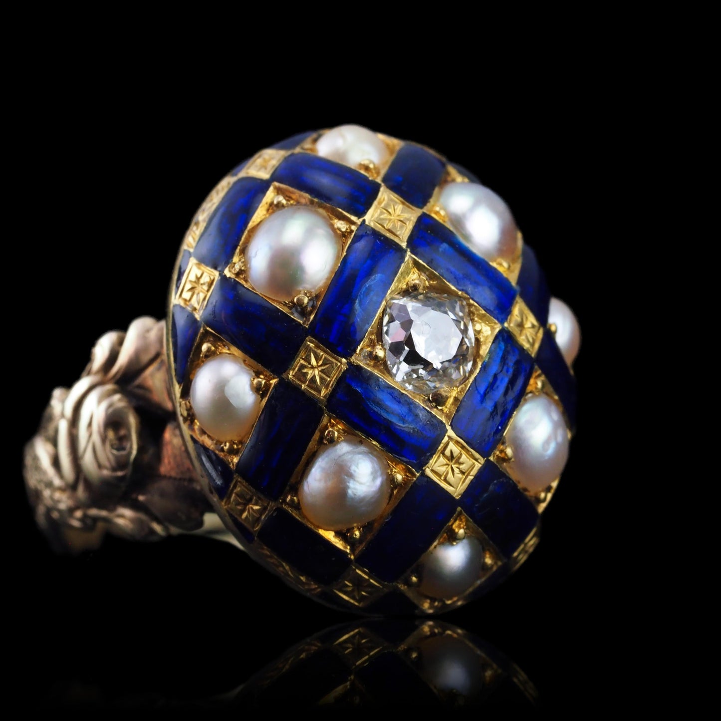 Victorian Antique Blue Enamel Diamond and Pearl Ring