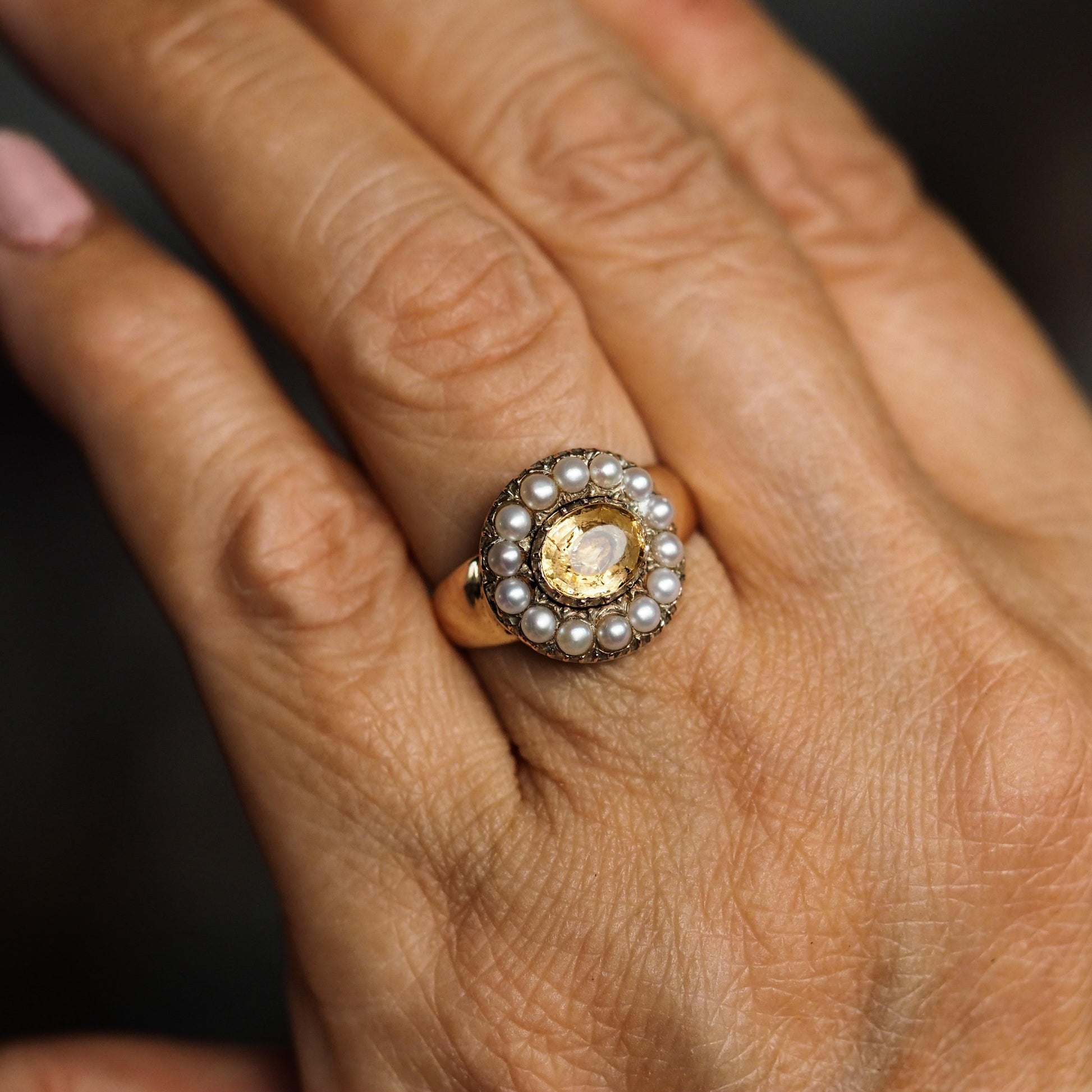 Georgian Antique Citrine and Pearl Cluster Ring