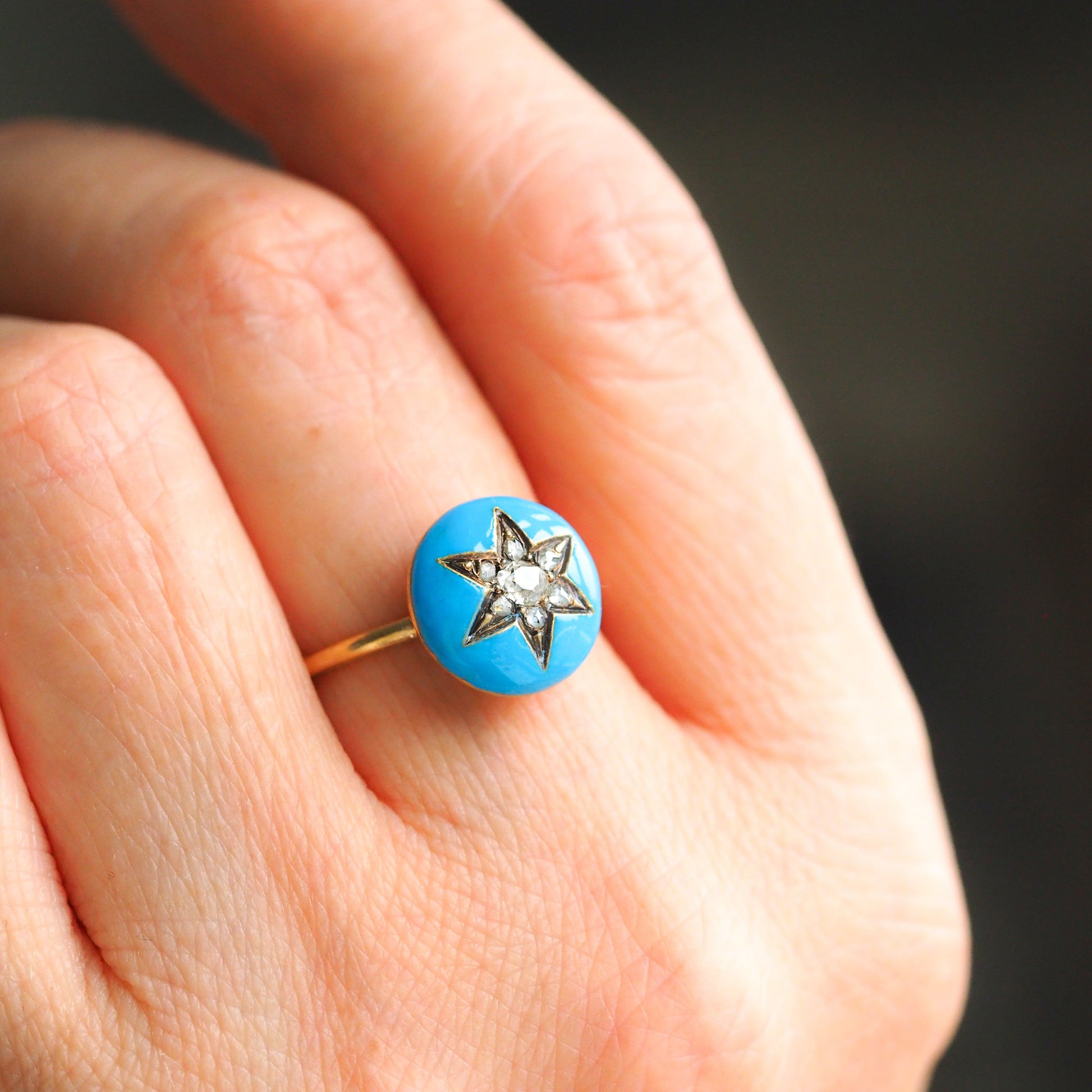 Antique Victorian Diamond Star Ring 9ct Gold Blue Enamel Cabochon - c.1890