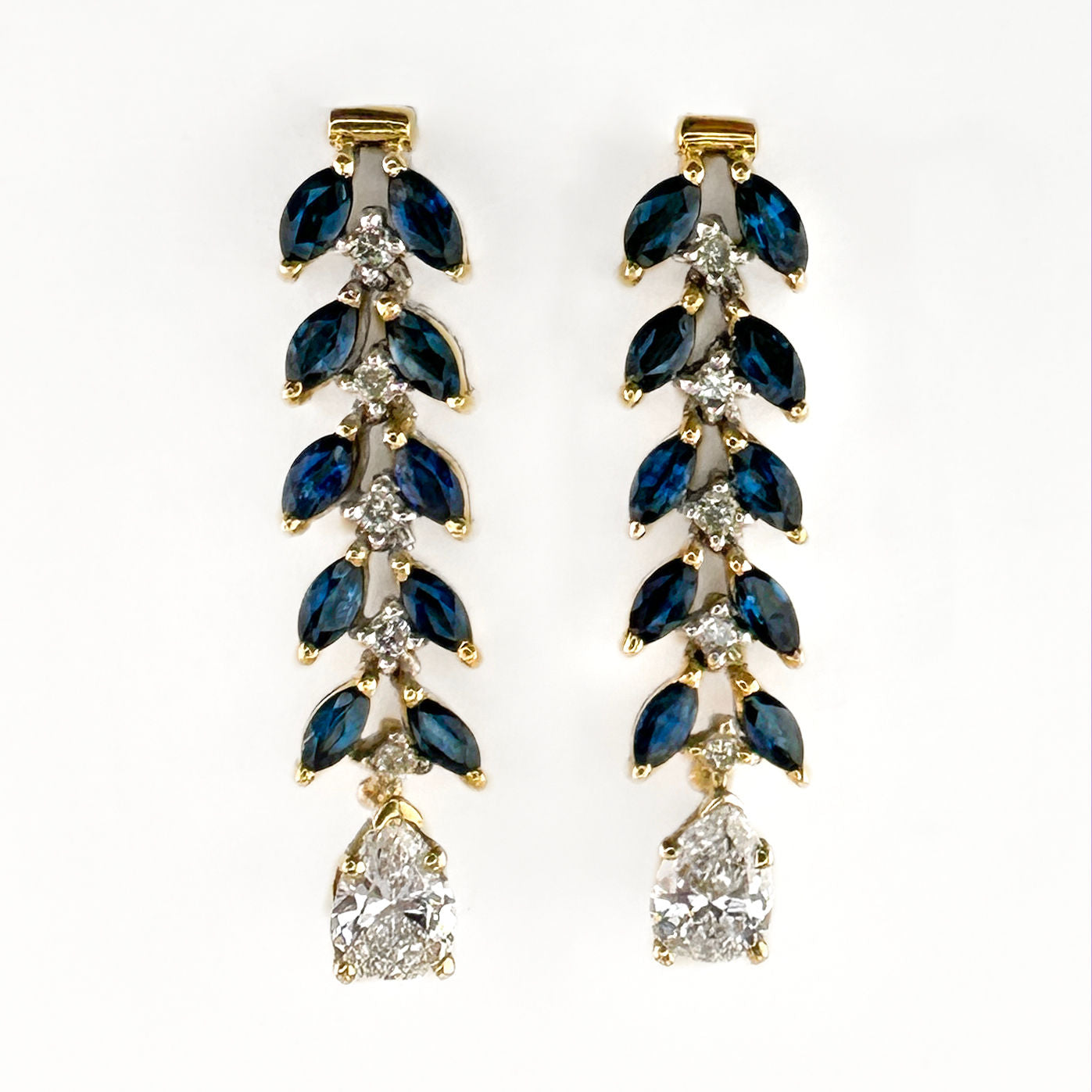 Vintage Pear Cut Diamond and Marquise Sapphire Foliate Drop Earrings