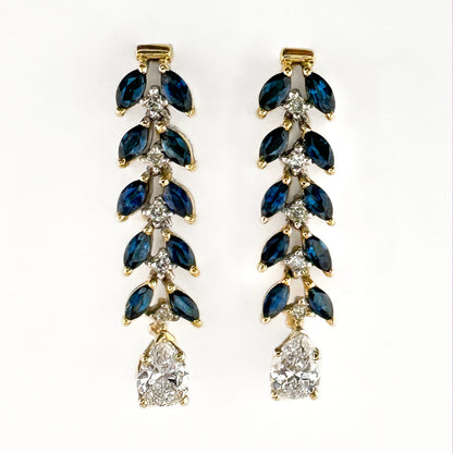 Vintage Pear Cut Diamond and Marquise Sapphire Foliate Drop Earrings