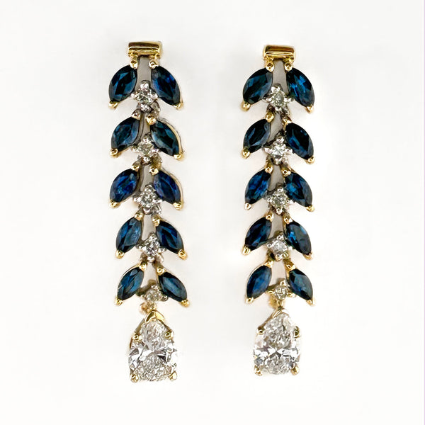 Vintage Pear Cut Diamond and Marquise Sapphire Foliate Drop Earrings