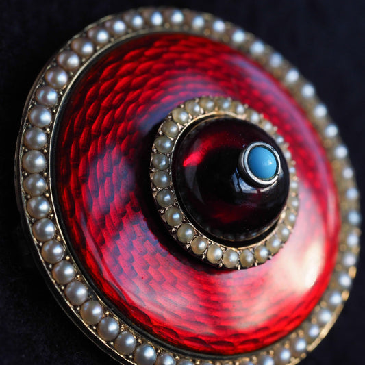 Victorian Antique Red Enamel Guilloche Enamel Brooch with Garnet Pearl Turquoise