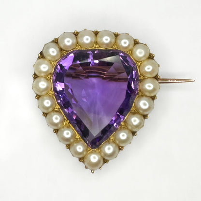 Antique Amethyst And Pearl Heart Brooch
