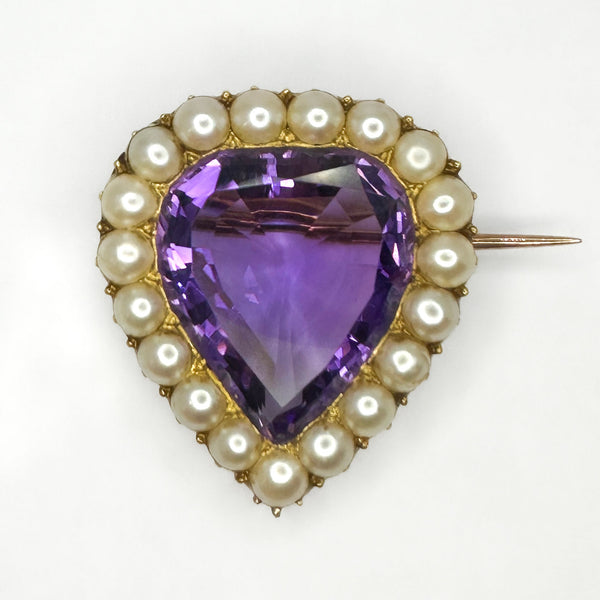 Antique Amethyst And Pearl Heart Brooch