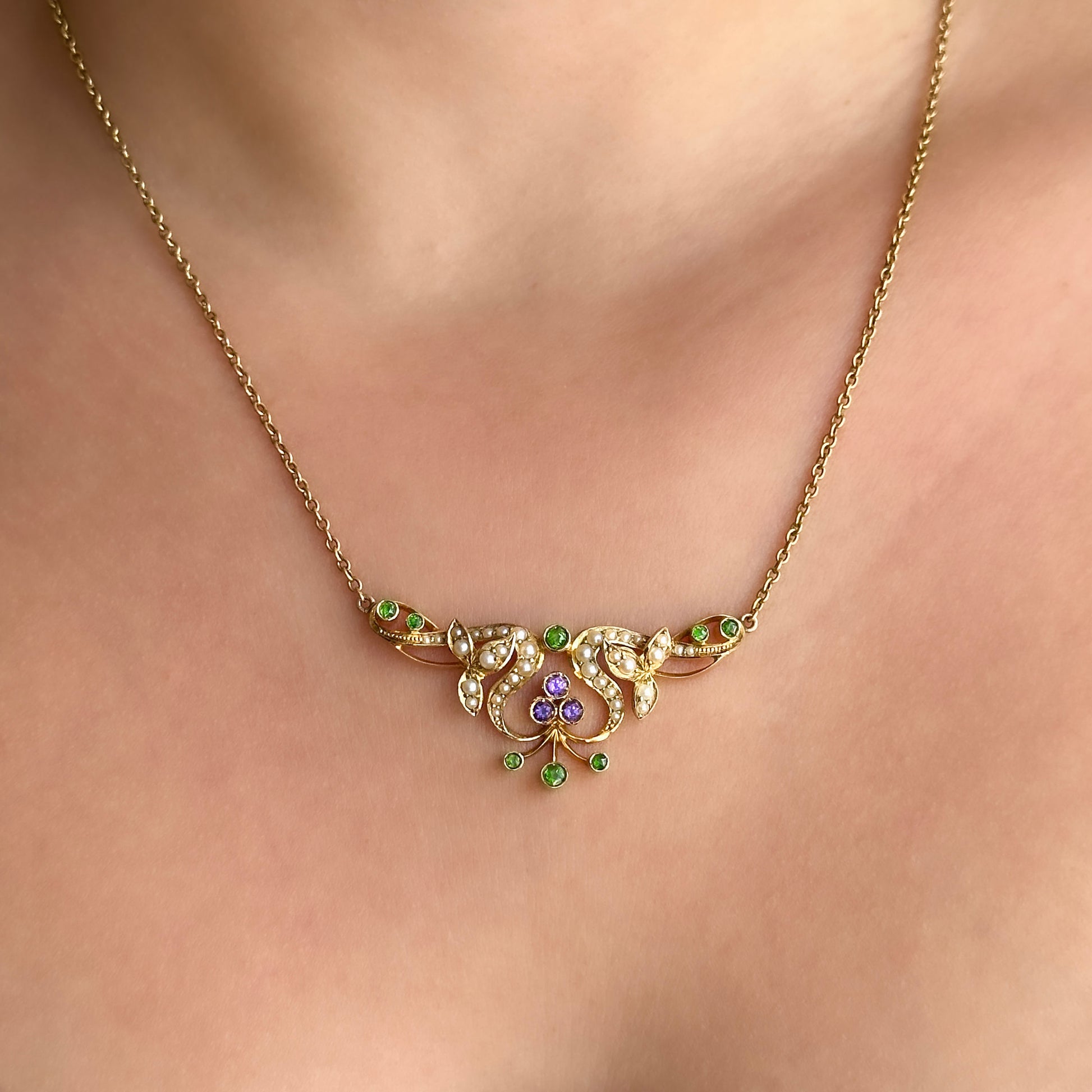 Edwardian Antique Demantoid Garnet Amethyst and Pearl Necklace in 15ct Gold
