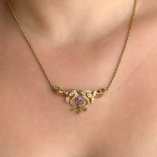 Edwardian Antique Demantoid Garnet Amethyst and Pearl Necklace in 15ct Gold