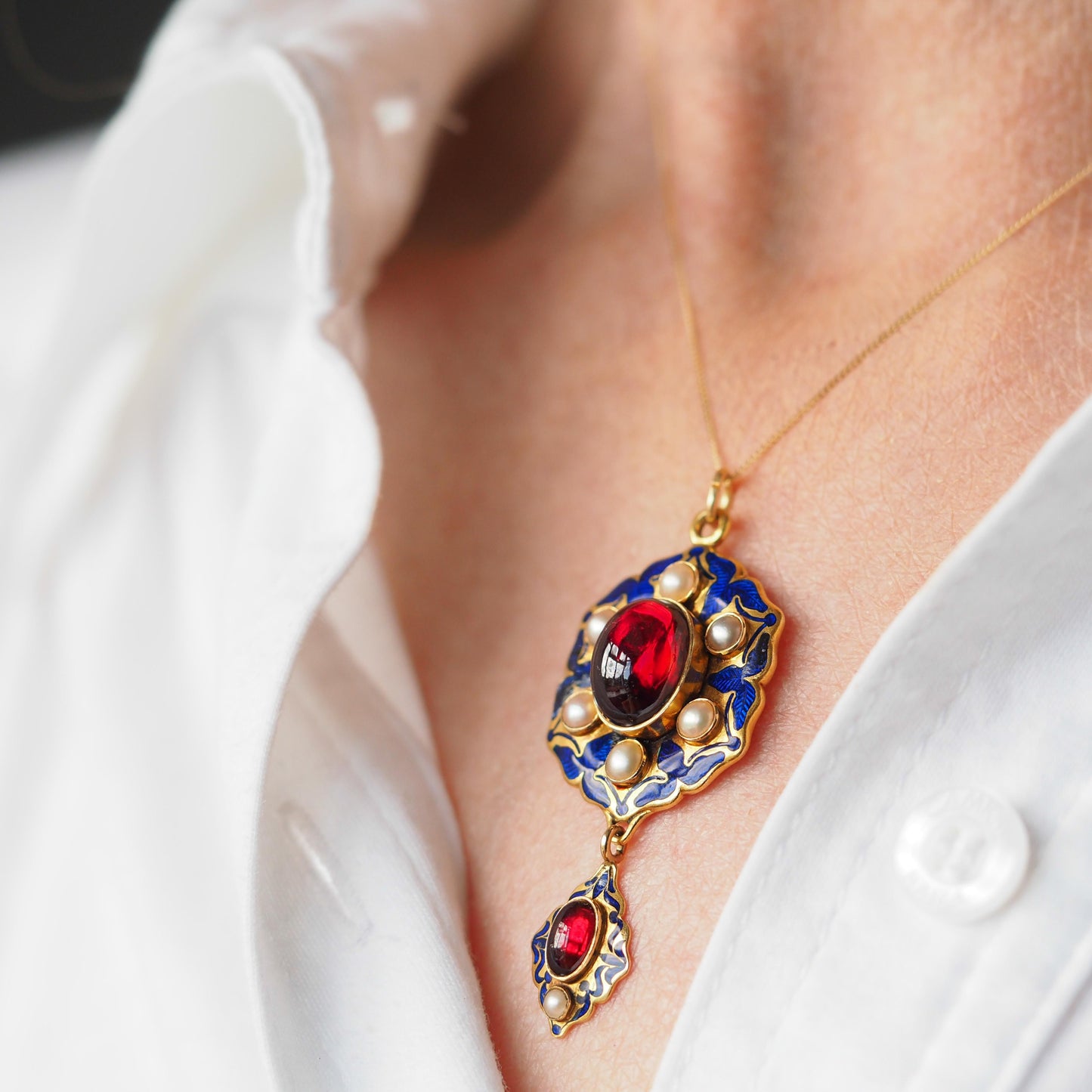 Victorian Antique Garnet Pearl Blue Enamel Holbeinesque Pendant Necklace