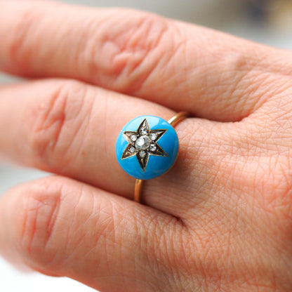 Antique Victorian Diamond Star Ring 9ct Gold Blue Enamel Cabochon - c.1890