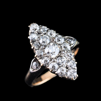 Antique Victorian Diamond Ring Navette Design Over 1 Carat Total - circa 1890