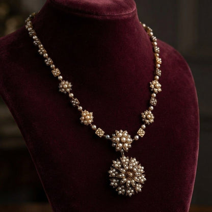 Victorian Antique Natural Pearl and Diamond Demi Parure Pendant Necklace Brooch, Circa 1860