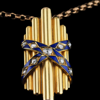 Antique Victorian 18 Carat Gold Rose Cut Diamond And Blue Enamel Pendant - circa 1880
