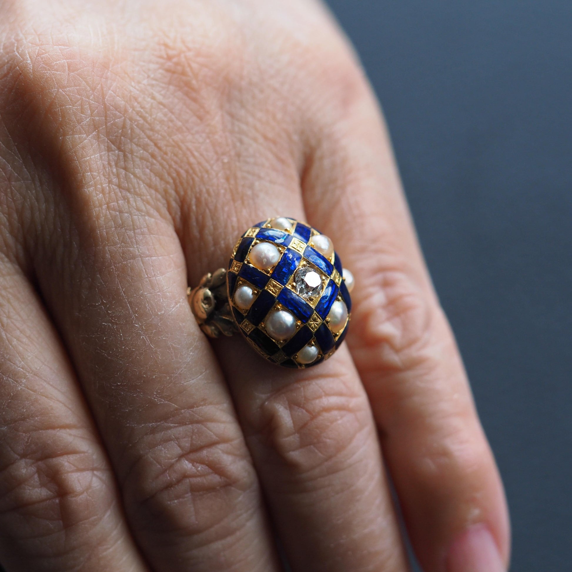 Victorian Antique Blue Enamel Diamond and Pearl Ring