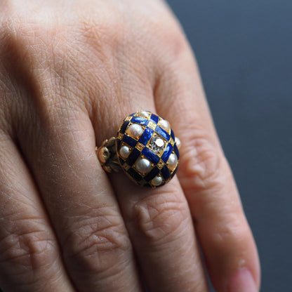 Victorian Antique Blue Enamel Diamond and Pearl Ring