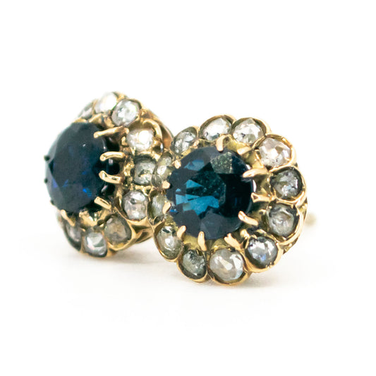 Antique 14 Carat Yellow Gold Sapphire and Rose-Cut Diamond Cluster Earrings