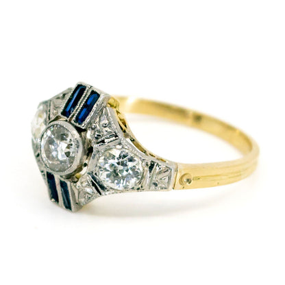 Art Deco Geometric Diamond Platinum Sapphire Engagement Ring