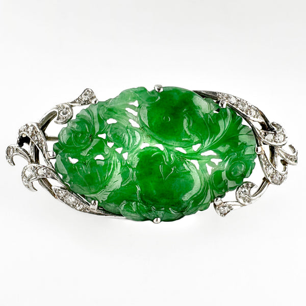 Vintage Floral Carved Jade and Diamond Brooch