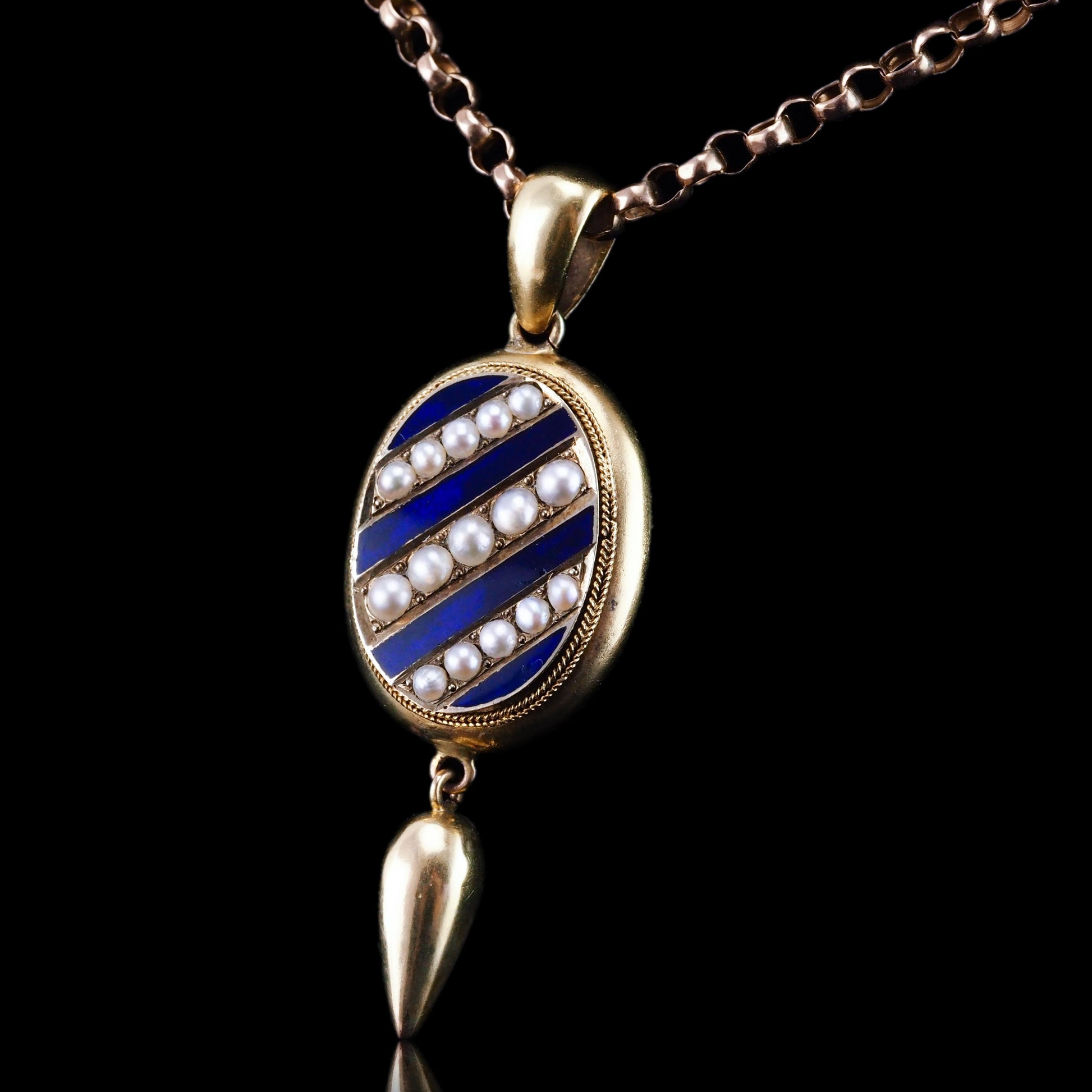 Antique Victorian 15ct Gold Blue Enamel and Pearl Pendant Locket Necklace - c.1880