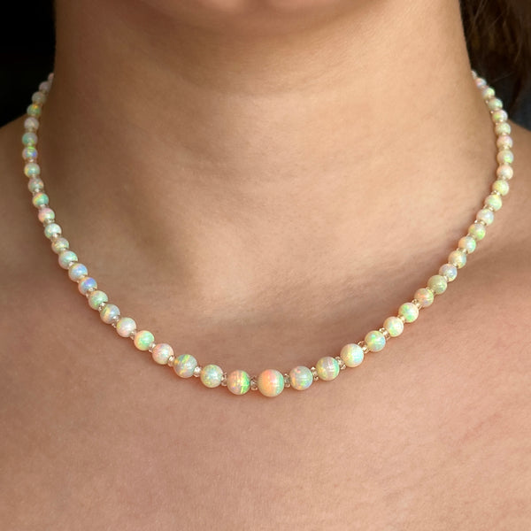 Edwardian Antique Graduated Opal Bead Necklace with Rock Crystal Spacers
