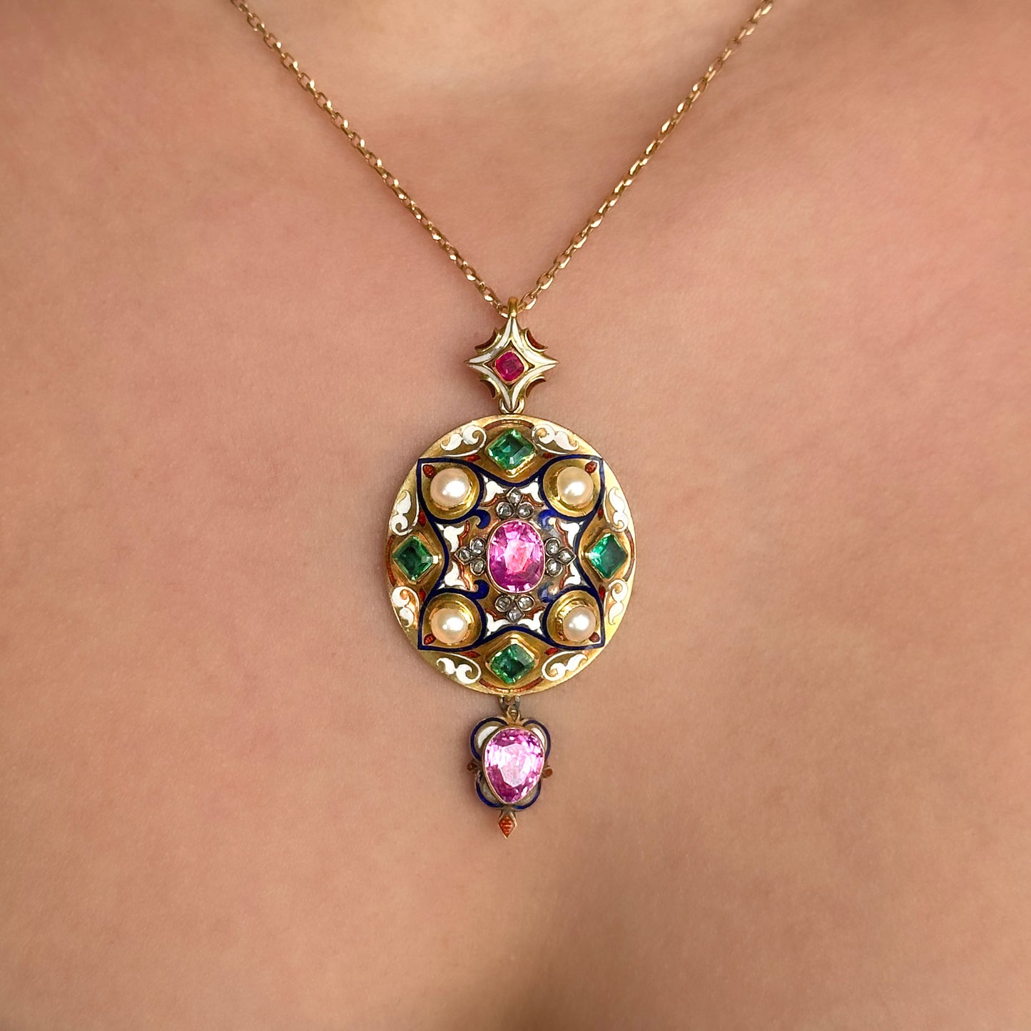 Victorian Antique Pink Sapphire Colombian Emerald Natural Pearl Enamel Holbeinesque Multi Gem Pendant