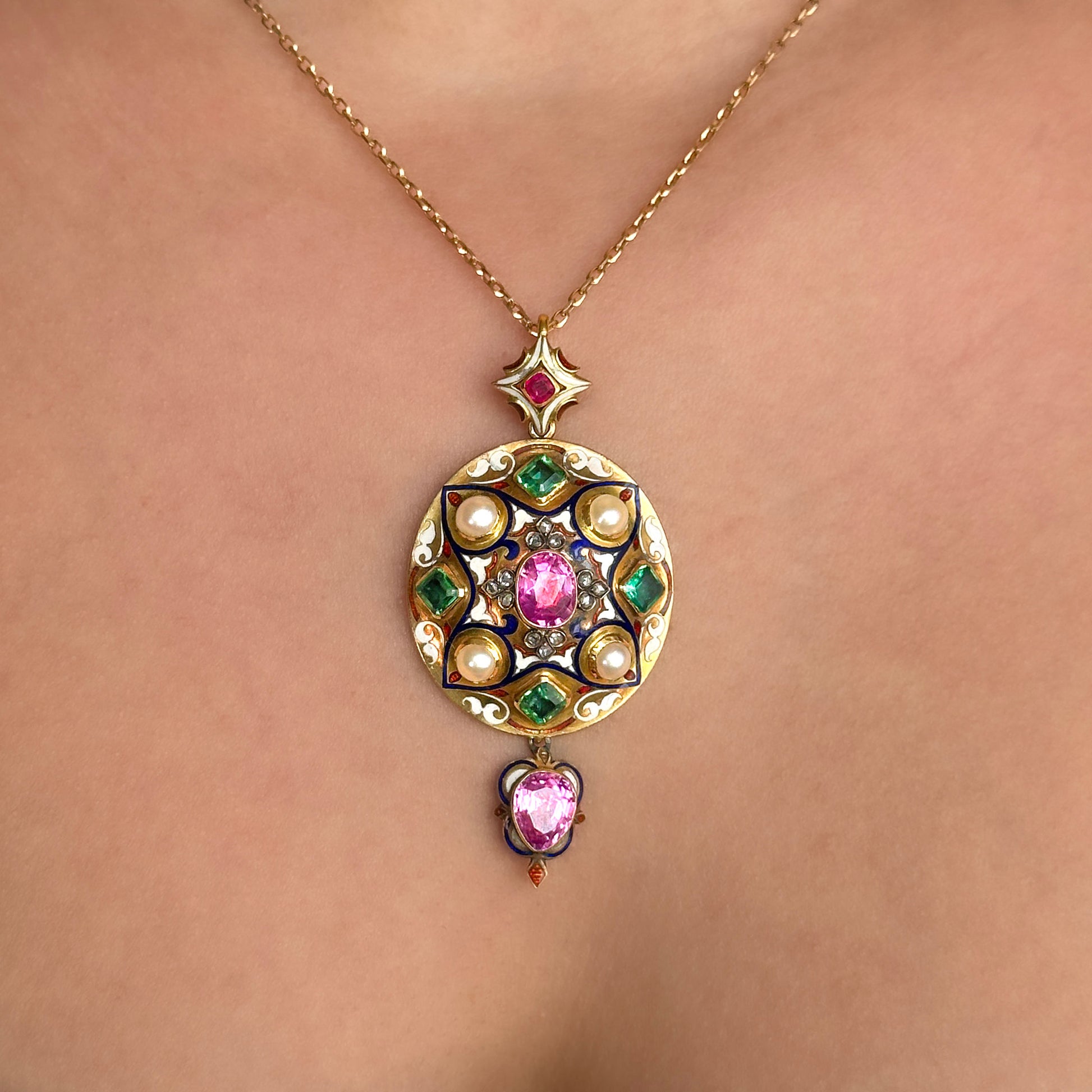 Victorian Antique Pink Sapphire Colombian Emerald Natural Pearl Enamel Holbeinesque Multi Gem Pendant