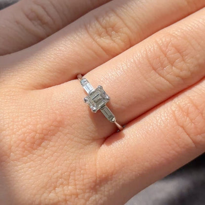 GIA Certified 1.02ct Emerald Cut Diamond and Baguette Diamond Trilogy Engagement Ring in Platinum