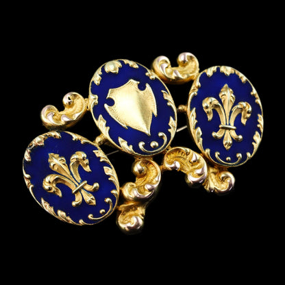 Antique Blue Enamel Fleur de Lys 18ct Gold Brooch in Triple Cartouche Design