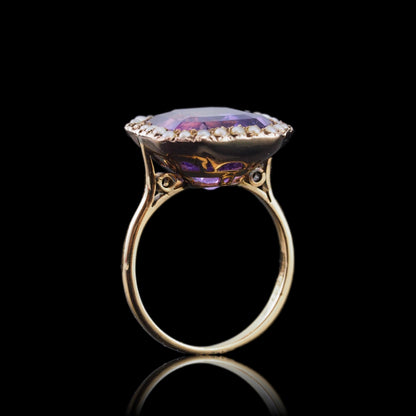 Antique Edwardian 18K Gold Amethyst & Pearl Ring Emerald Cut - c.1900