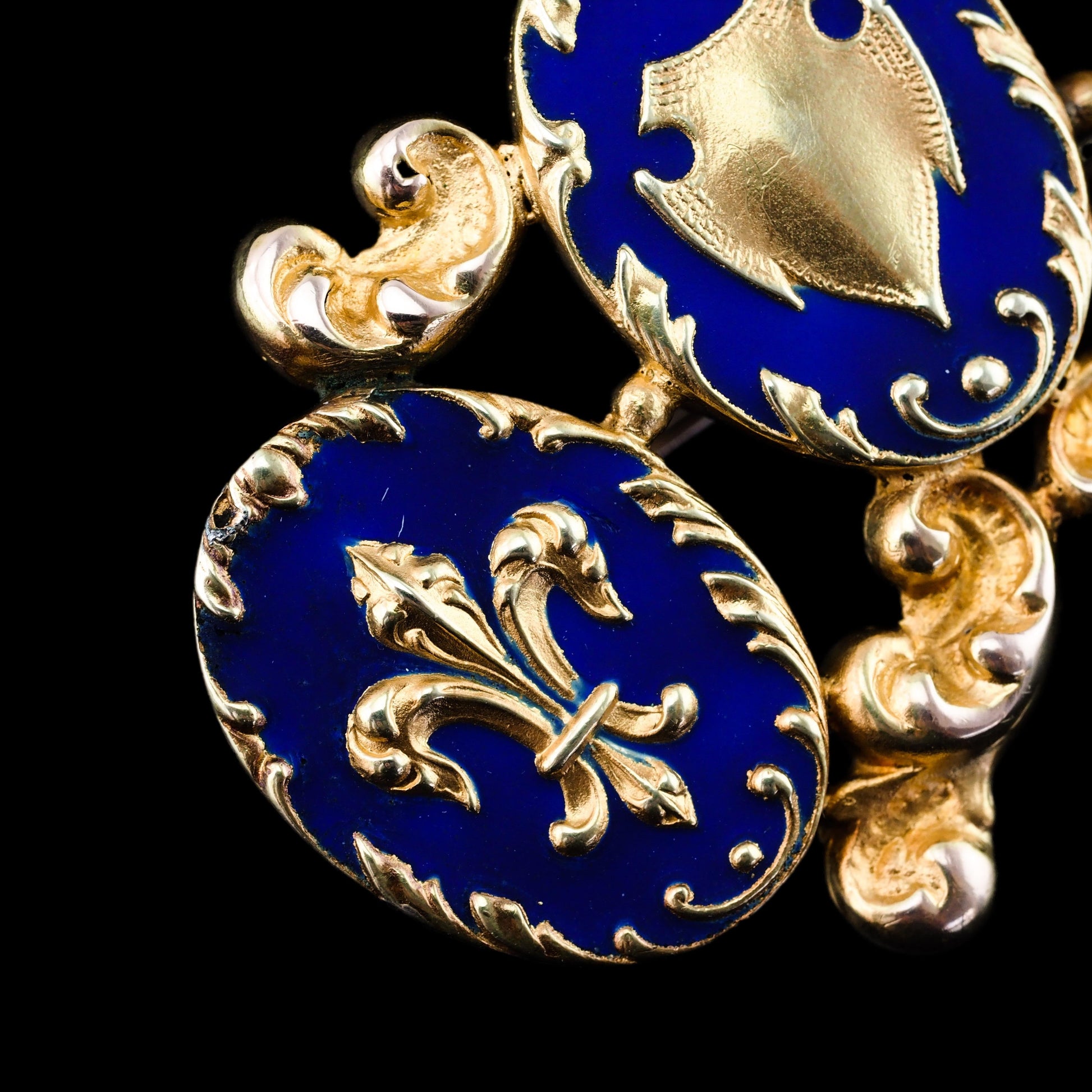 Antique Blue Enamel Fleur de Lys 18ct Gold Brooch in Triple Cartouche Design