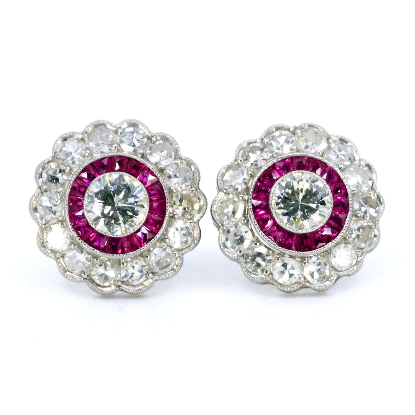 Art Deco Inspired Diamond and Ruby Target Cluster Stud Earrings in Platinum