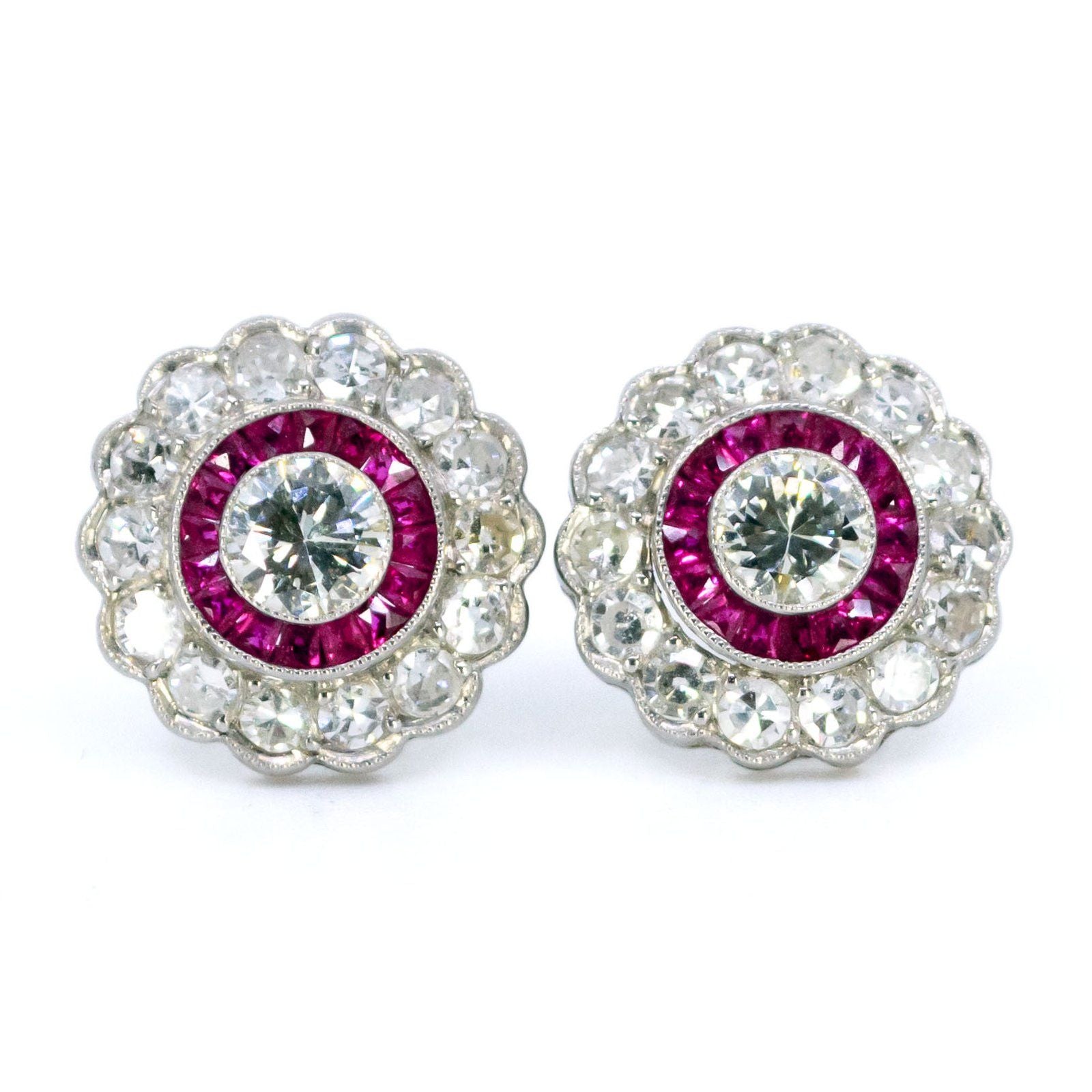 Art Deco Inspired Diamond and Ruby Target Cluster Stud Earrings in Platinum