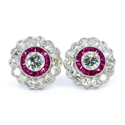 Art Deco Inspired Diamond and Ruby Target Cluster Stud Earrings in Platinum