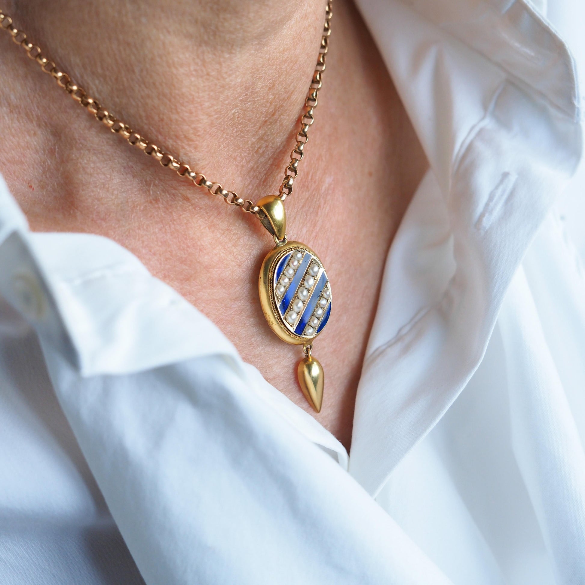 Antique Victorian 15ct Gold Blue Enamel and Pearl Pendant Locket Necklace - c.1880