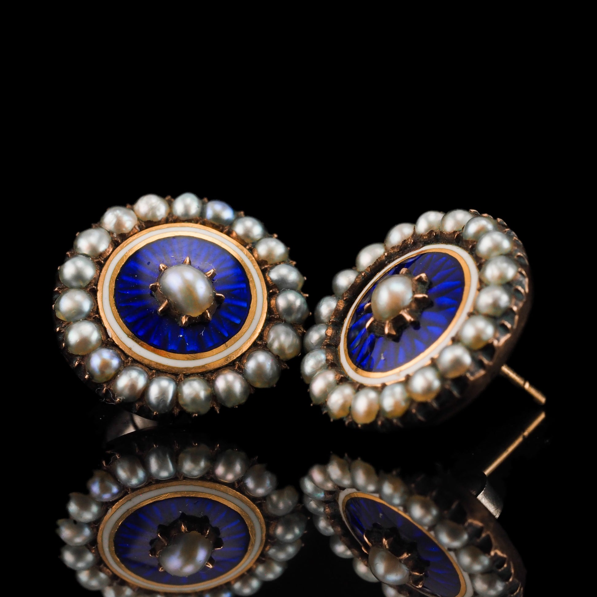 Antique Georgian Gold Earrings with Blue Enamel Guilloche and Seed Pearl Cluster 'Target' Design - c.1800