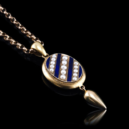 Antique Victorian 15ct Gold Blue Enamel and Pearl Pendant Locket Necklace - c.1880