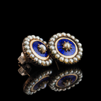 Antique Georgian Gold Earrings with Blue Enamel Guilloche and Seed Pearl Cluster 'Target' Design - c.1800